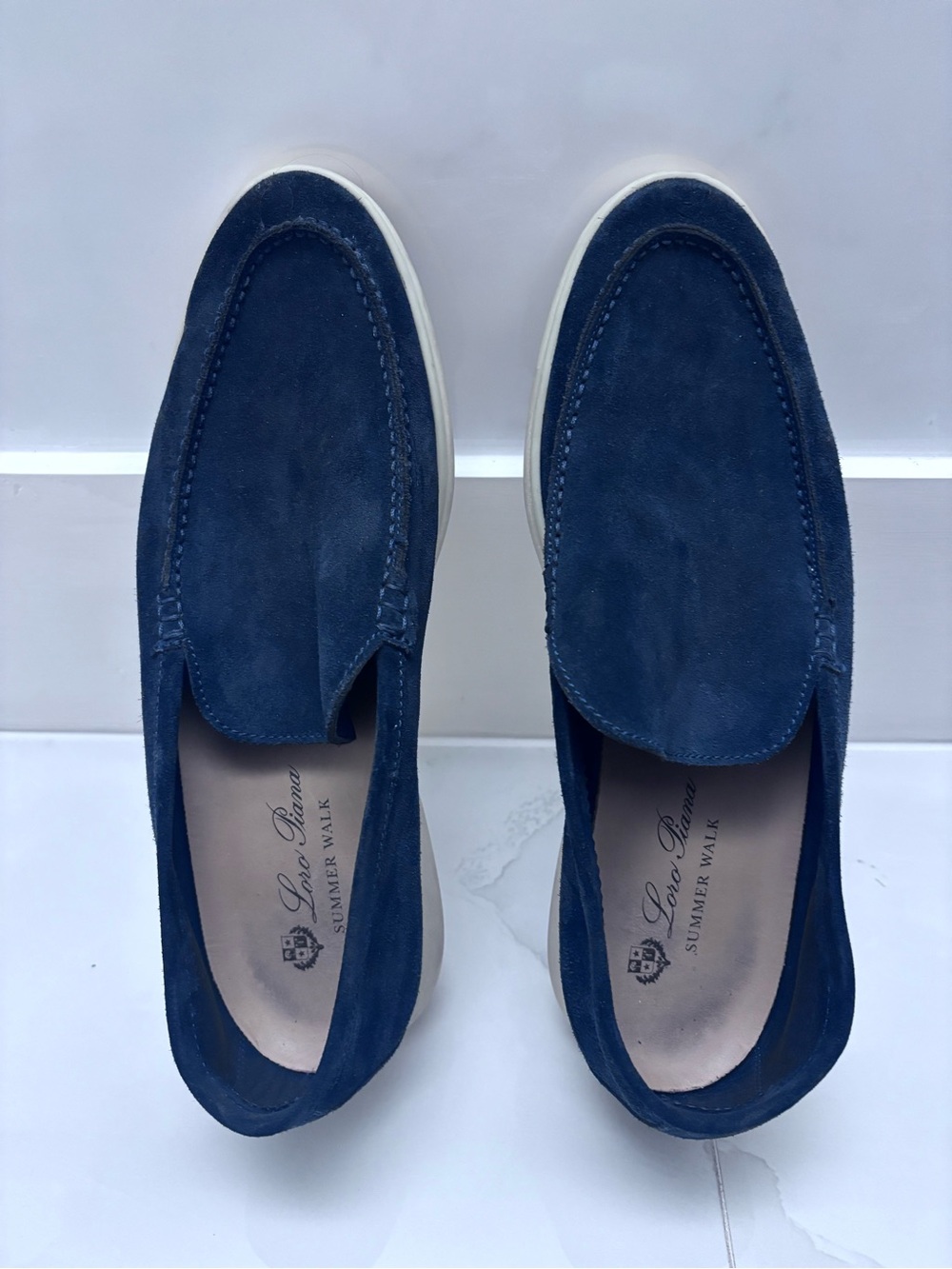 Loro Piana Deep Navy Suede Slip-On Loafers with White Sole